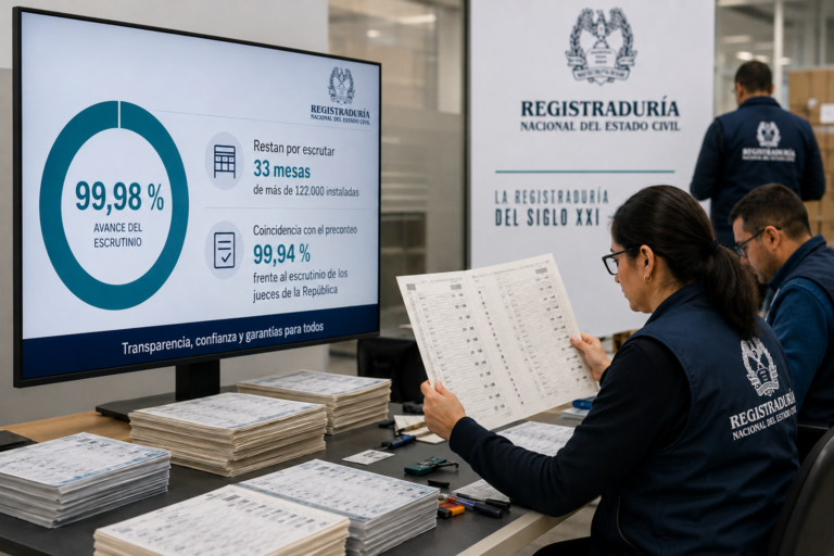 Escrutinio de elecciones presidenciales alcanza el 99,98 % y confirma alta coincidencia con el preconteo de la Registraduría