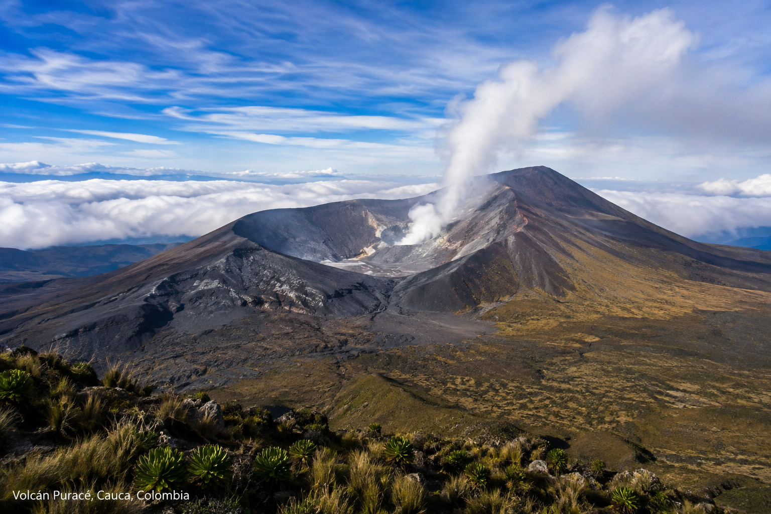 Pulso eruptivo del volcán Puracé provoca suspensión temporal de vuelos en Popayán